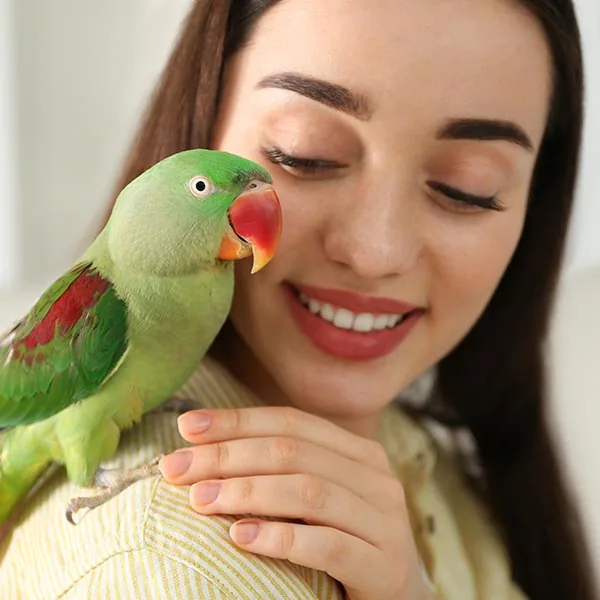 female smiling at green and red bird perched on shoulder