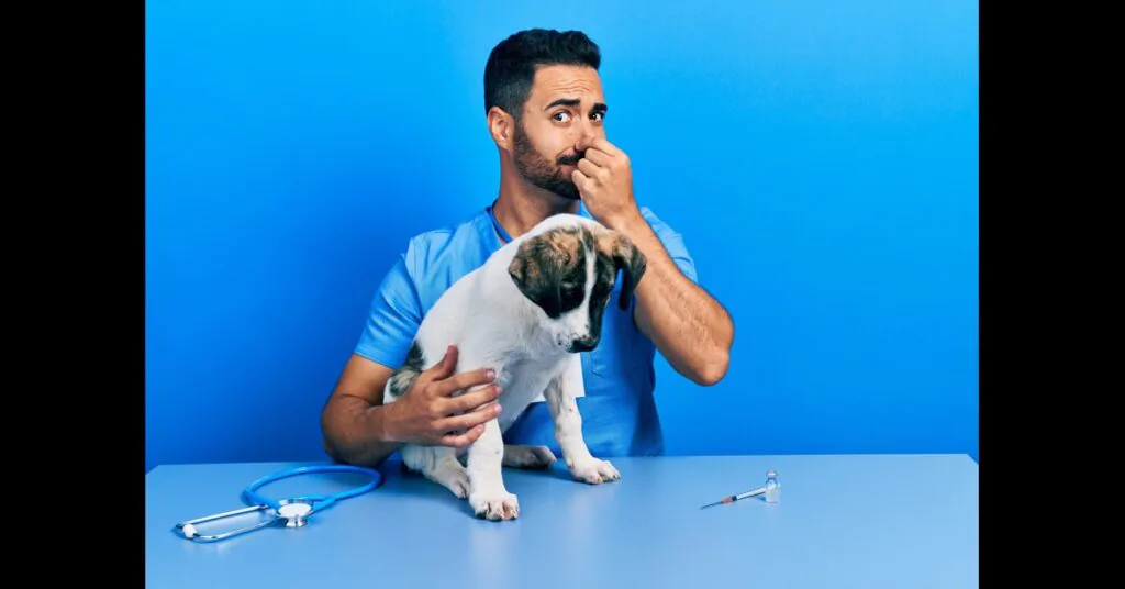 vet holding his nose because of dog's bad breath